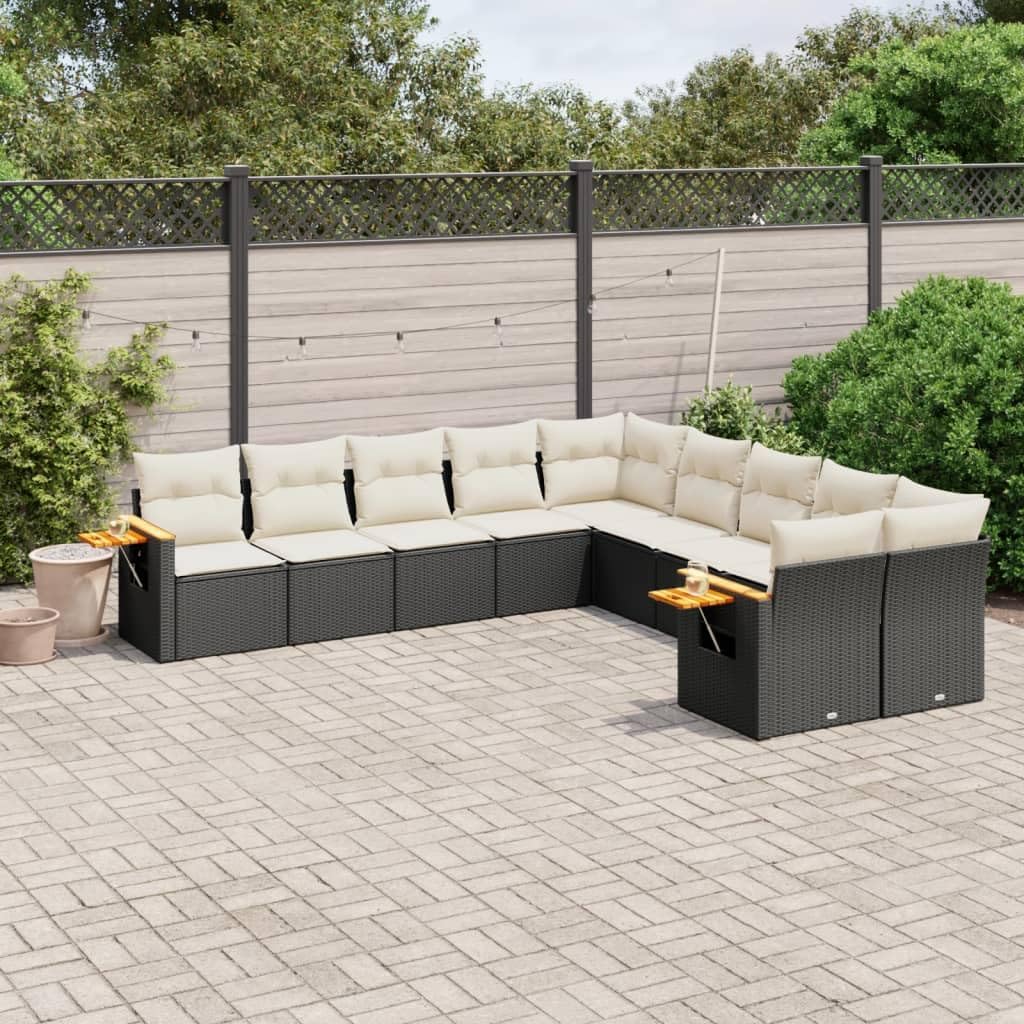 10-Piece Garden Sofa Set, Black Poly Rattan Patio Furniture, Modular Outdoor Dining Set with Cushions, Weather-Resistant for Balcony, Terrace, 10 Person Seating