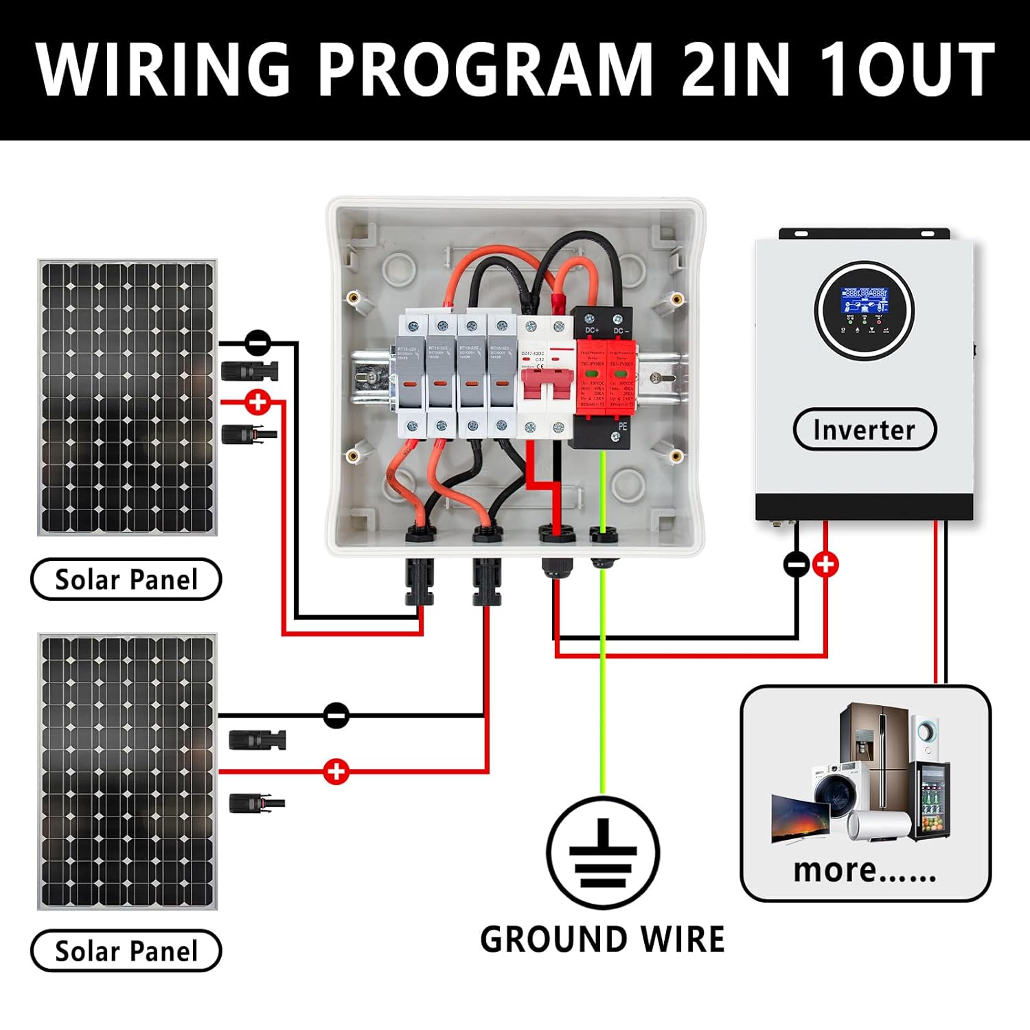 DC600V Solar Combiner Box IP65 2-In-1-Out 40A Circuit Breaker with Surge Protector& Fuse PV Combiner Box IP65 Waterproof Enclosure,MCB,SPD for Solar Panel Systems
