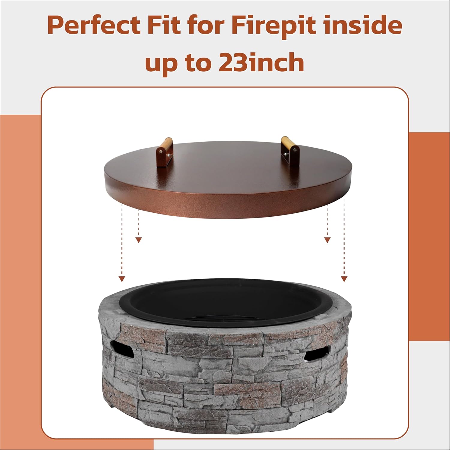25.5” firepit lid round for inside up to 23” gas fire pit lid for Outdoor Fireplace Cover Lid Steel fire pit metal cover W/ Wooden Handle & Bronze Coated Snuffer Lid for Round Patio Fire Pit Ring