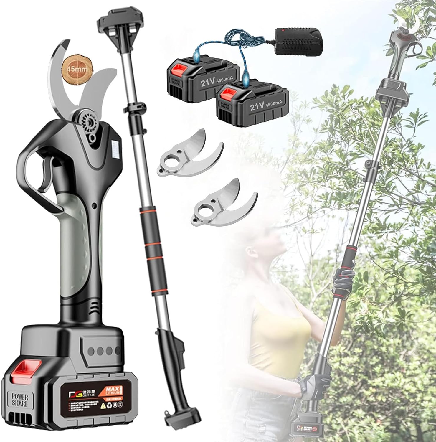 Pruning Shears for Tree Trimming, 21V Professional Cordless Pruner, Battery Powered Cordless Electric Pruning, Electric Pruner with High Reach Extension Pole, 45mm Cutting Diameter,2Battery