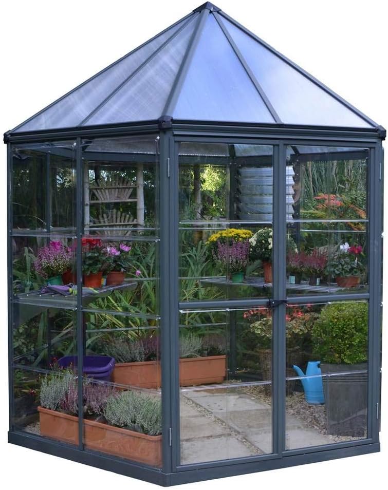 Palram - Canopia Oasis 7 Ft. x 8 Ft. Hexagon Greenhouse Kit Hobby DIY Walk In Green House Heavy Duty Polycarbonate with Aluminium Frame, with Lockable Door and Vent for Garden, Gutter, Backyard