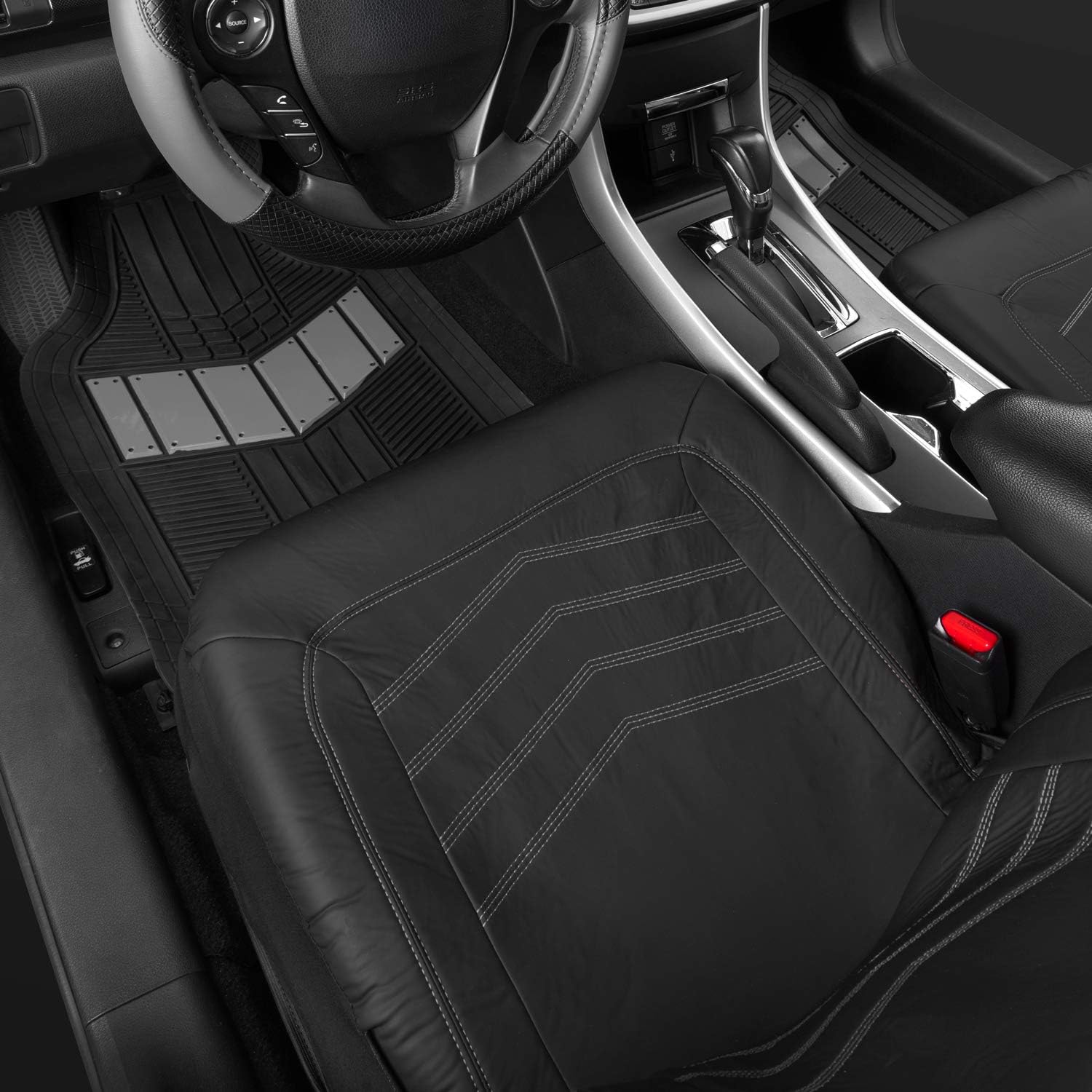 Motor Trend Supersport Faux Leather Front Car Seat Covers and Heavy Duty Floor Mats Set (Front + Rear), Universal Fit for Cars Trucks Vans SUVs - Easy to Install, Soft Comfortable Feel - Charcoal