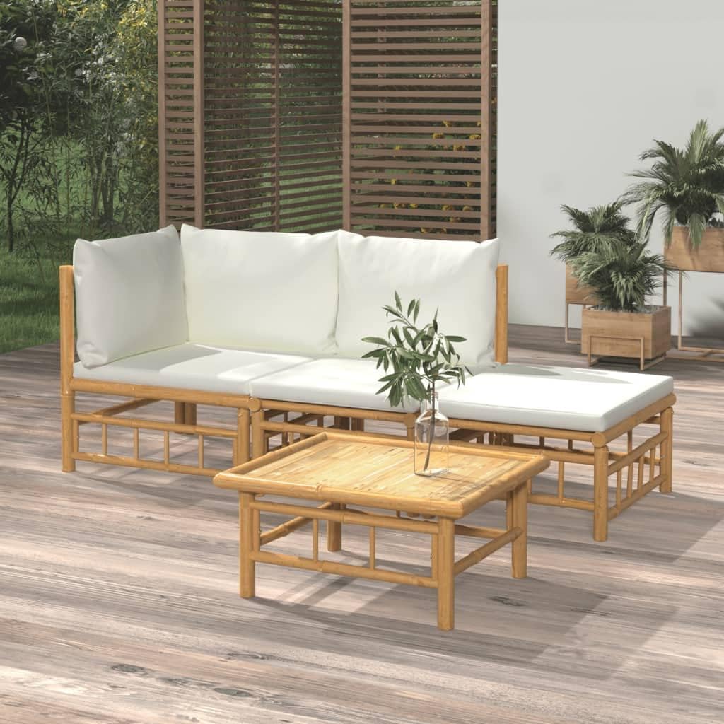 4 Piece Patio Lounge Set with Cream White Cushions Bamboo,Bamboo Patio Lounge Set for Relaxing Outdoor Moments Patio Furniture Sets, Outdoor Furniture Sets, Brown