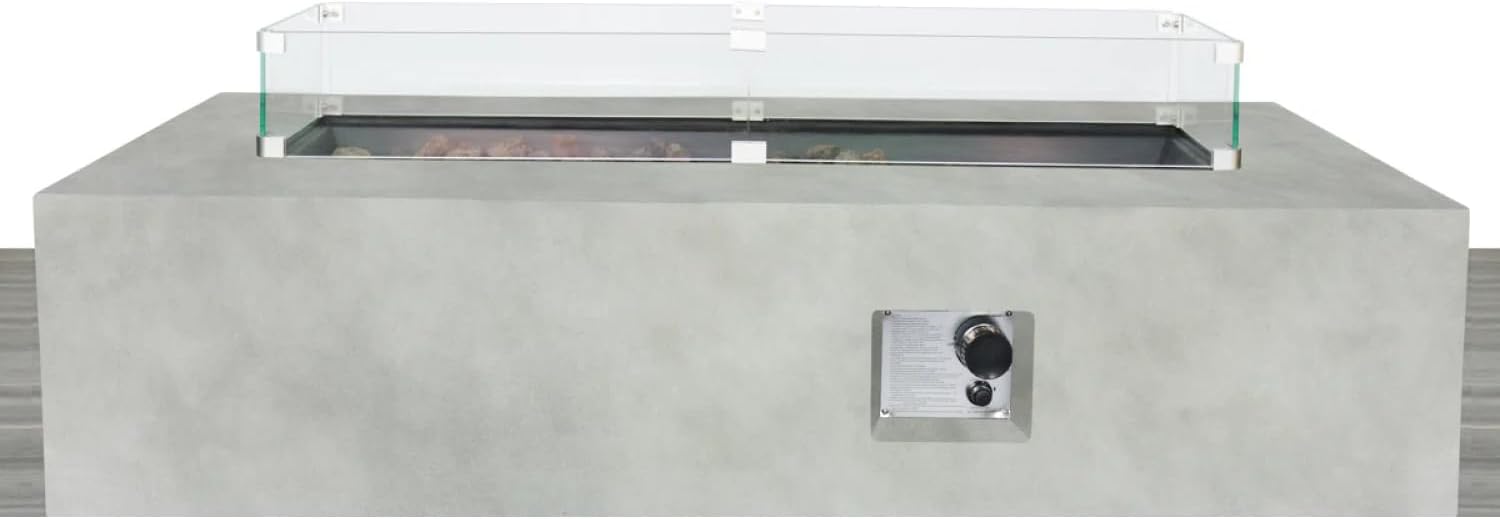 Rectangular Concrete Propane Fire Pit Table with Fiber Reinforcement - Grey - Adjustable Heat Output - Outdoor Patios, Decks, Backyards - Modern Warmth