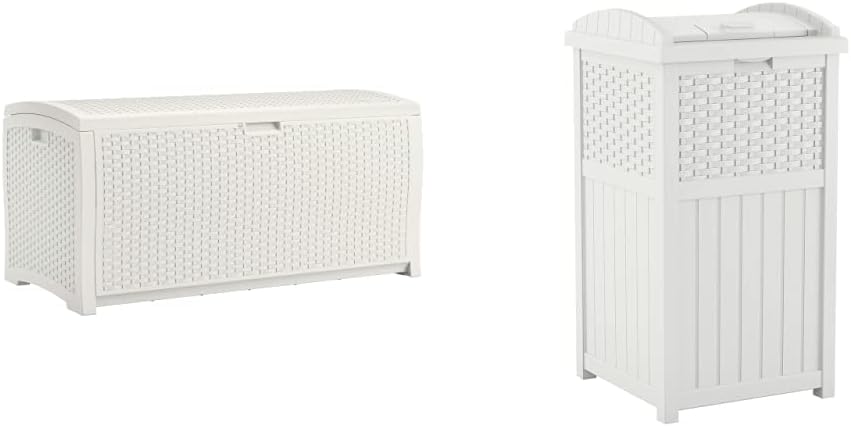 Suncast 99 Gal Resin Wicker Patio Storage Box - Water Resistant Outdoor Storage Container White & 33 Gal Hideaway Trash Can for Patio - Resin Outdoor Trash with Lid