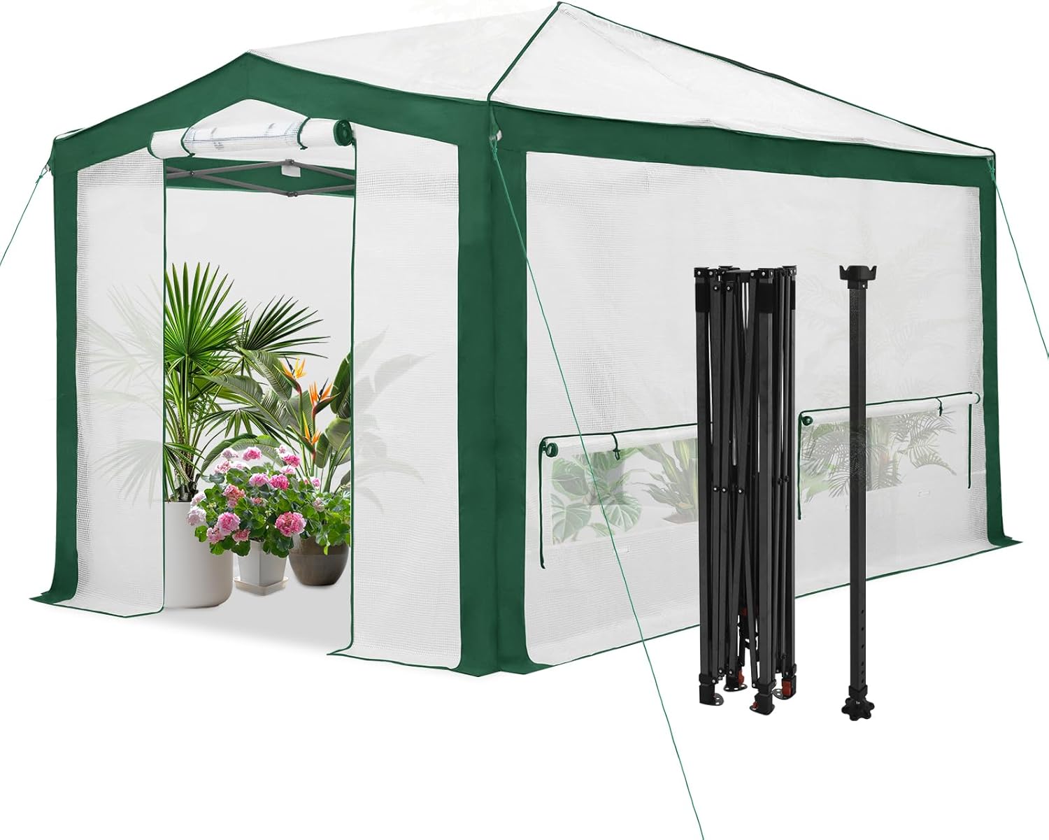 EAGLE PEAK 12x8 Portable Walk in Greenhouse with Polyester Reinforced Corners, Instant Pop up Indoor Outdoor Gardening Green House, Roll Up Zipper Doors Mesh Windows & Winter Support Pole, Green/White
