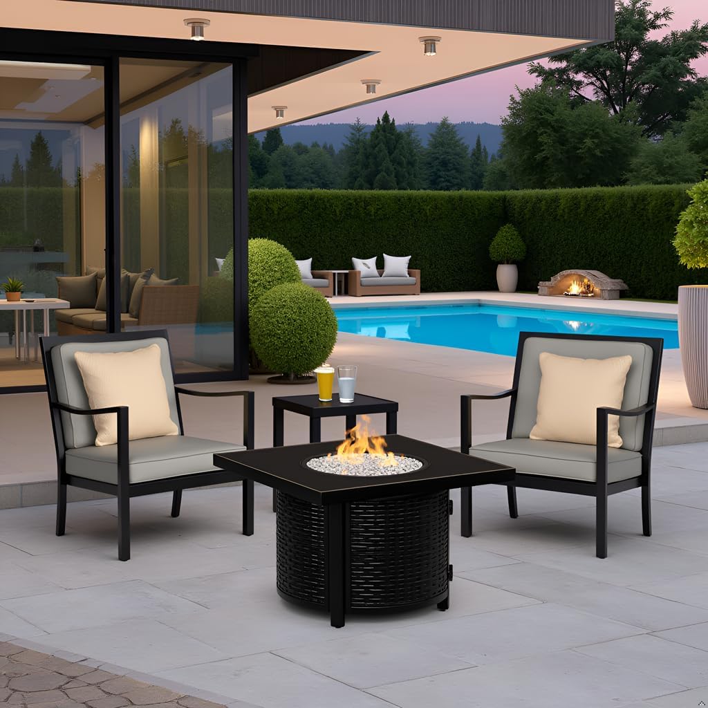 Square LPG/NG Gas Fire Pit Table 55K BTU w/Burner Lid, Cover, Fire Glass #65156