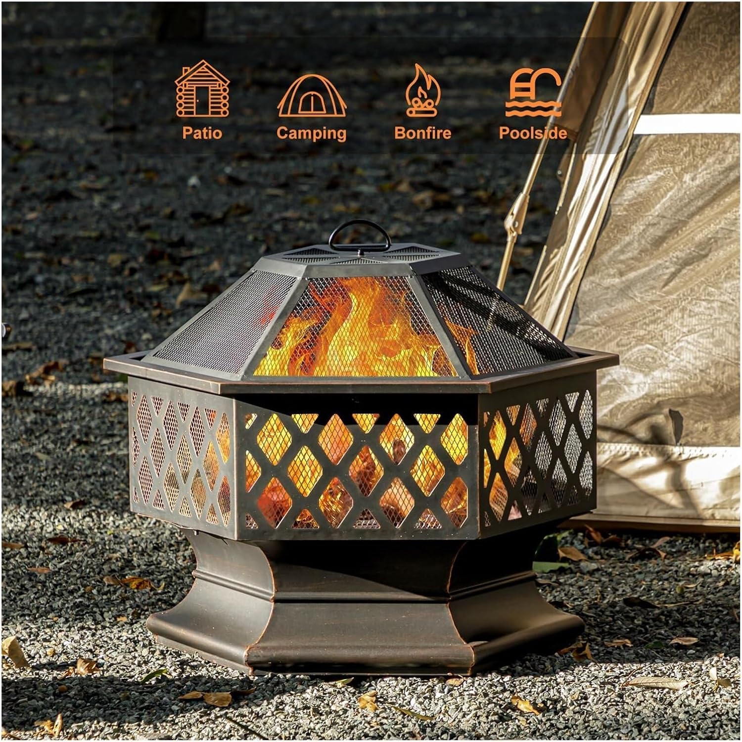 28 Inch Hexagon Wood Burning Fire Pit – Antique Bronze Outdoor Firepit with 360° Flame View for Patio, Backyard, and Camping(28 Inch)