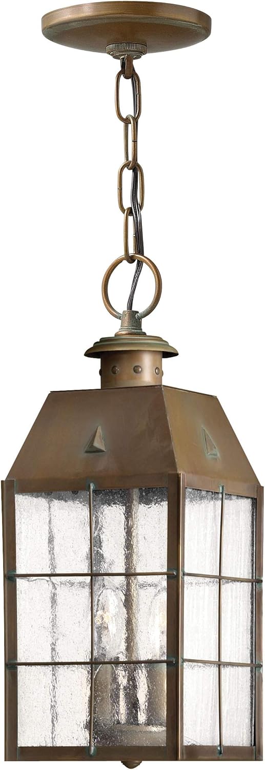 Hinkley Nantucket Collection Restoration Two Light Medium Outdoor Hanging Lantern, Aged Brass
