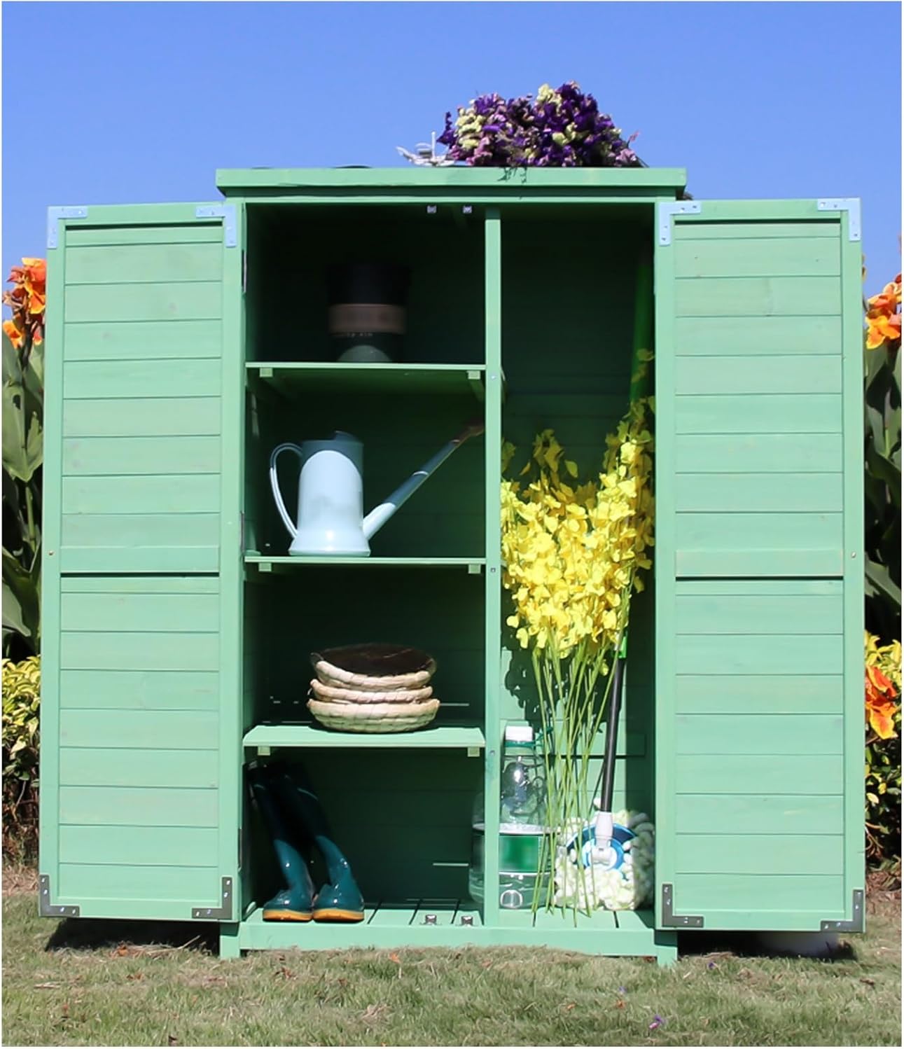 Weatherproof Wooden Garden Shed Storage Cabinet for Outdoor Use 55.1In Tall Green Patio Lawn House for Garden Organization. (Green 140X80X53Cm)