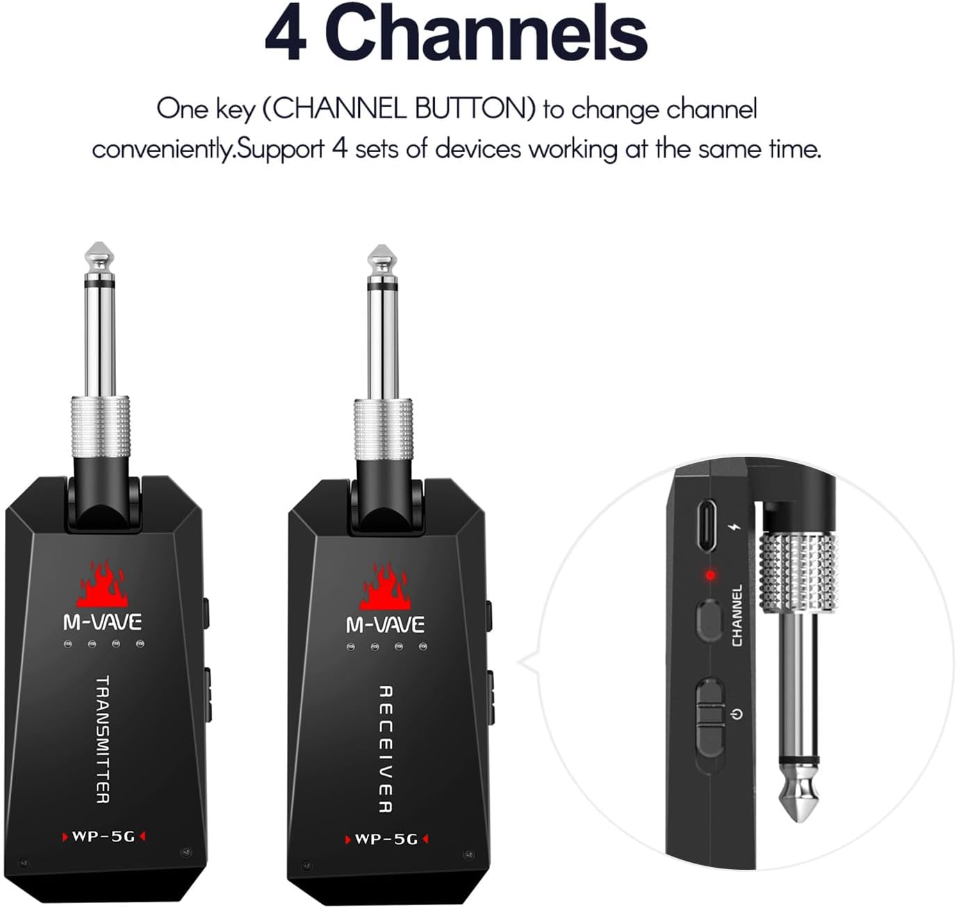 WP-5G 5.8G Guitar System Rechargeable Audio Transmitter and Receiver ISM Band for Electric Bass Guitars Amplifier Accessories,Guitar Transmitter Receiver