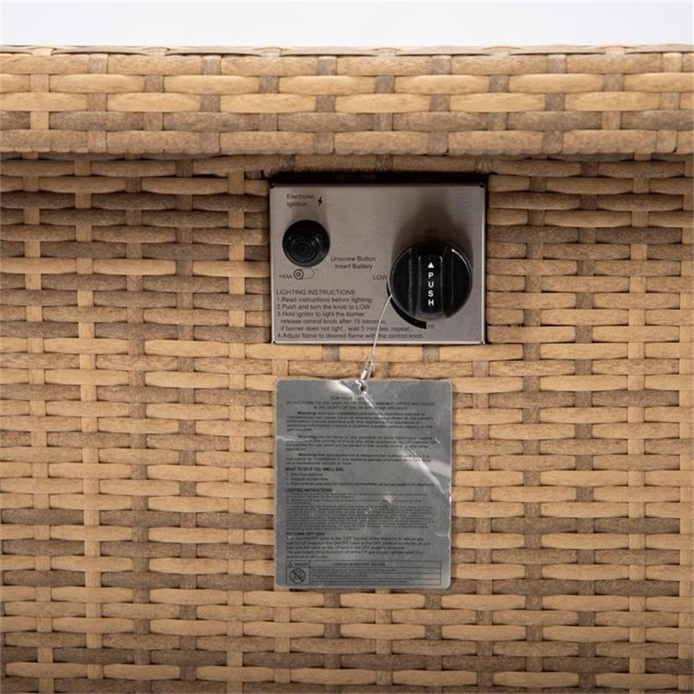 LeisureMod 44-Inch Propane Fire Pit Table, 50,000 BTU Auto-Ignition Gas Fire Pit with Lid, Tempered Glass Wind Guard & Decorative Stones, Light Brown