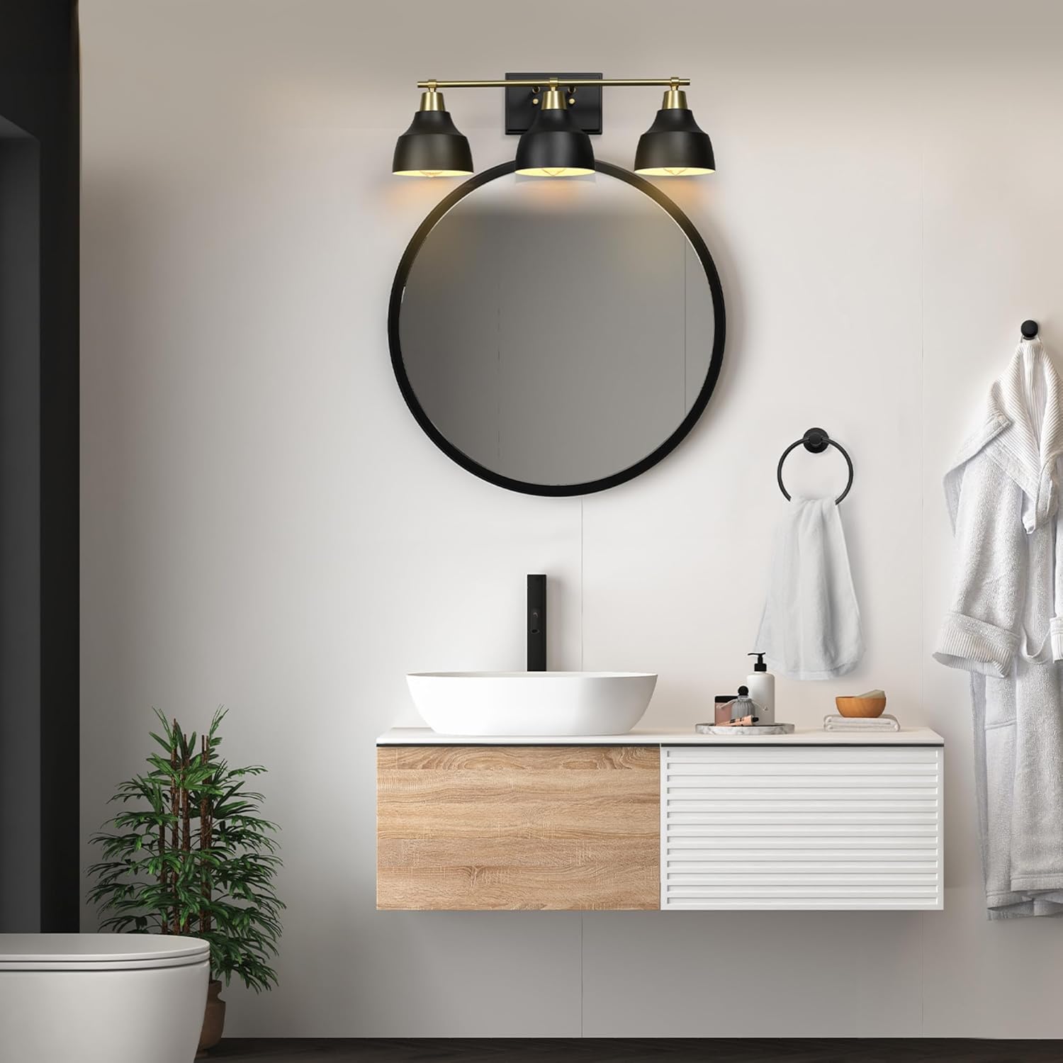 GLOBE Electric 63000204 5-Piece All-in-One Bathroom Accessory Set, 3-Light Vanity Light, Matte Black & Brass, Towel Bar, Robe Hook, Toilet Paper Holder, Towel Ring, Bath, Bathroom Lights Over Mirror