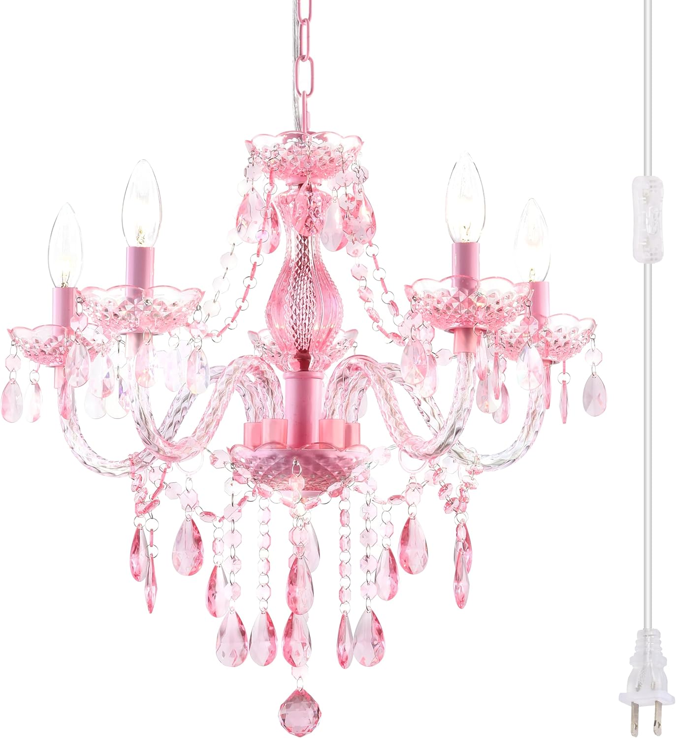 Plug-in 5 Lights Pink Crystal Hanging Pendant Light Acrylic Chandelier with Clear Cord & On/Off Switch H19 D19.7 for Kitchen Island Girls' Room Dining Area Laundry Pavilion.