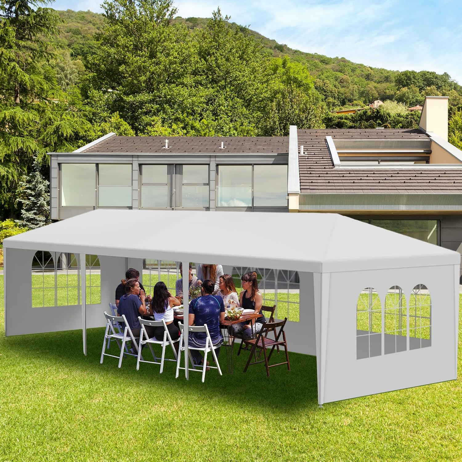 10' x 30' White Gazebo Canopy Tent with 5 Removable Sidewalls, Outdoor Patio Gazebo Tent with Transparent Windows, Ideal for Parties, Weddings, Birthdays, Events, Gatherings, Backyard
