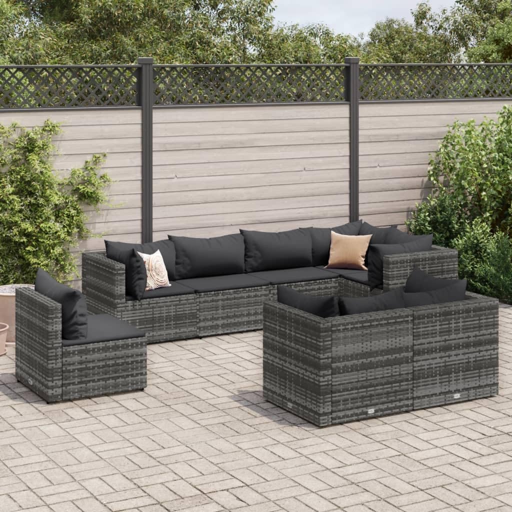 8 Piece Patio Lounge Set with Cushions Gray Poly Rattan,Versatile and Durable Rattan Garden Lounge Set for Patio Comfort and Style Patio Furniture Sets, Outdoor Furniture Sets