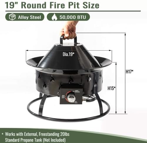 19-inch Outdoor Propane Fire Pit, 50000 BTU Round Outdoor Portable Propane Gas Fire Pit with Removable Anti-Rust Lid, Smokeless Gas Firebowl for Camping, Patio, Backyard, Black