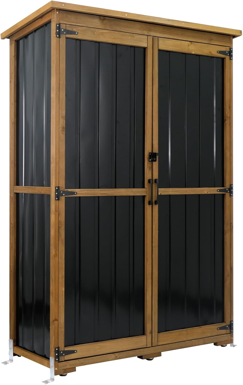 Outdoor Storage Cabinet Wood & Metal with Waterproof Roof, Garden Tool Shed with 4 adjustable reinforced feet with metal brackets, 3 Removable Shelves, 6 T-Hinge, Magnetic door,18.1