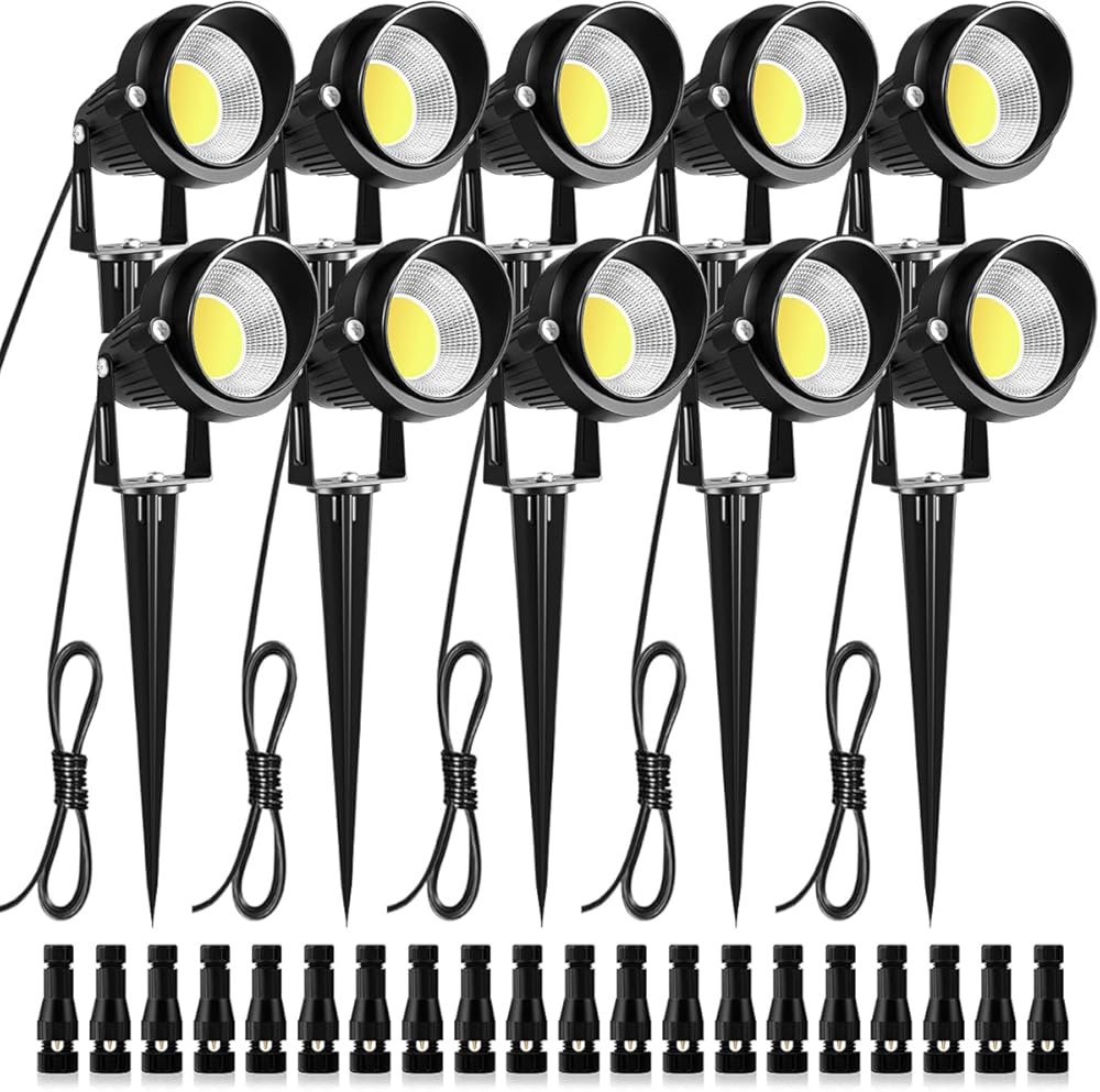 ZUCKEO Low Voltage Landscape Lights LED Landscape Lighting with Connectors, 10W 12V 24V Outdoor Spotlights Waterproof Garden Flood Pathway Yard Lights 1000LM Daywhite Light(10Pack with Connector)