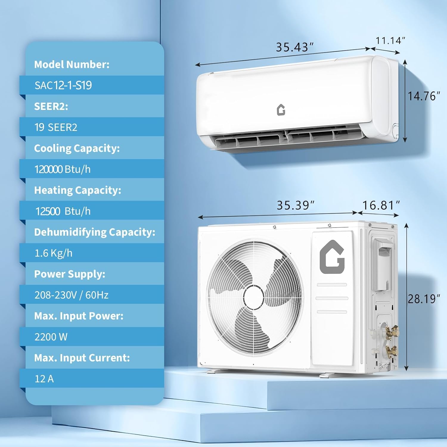 12,000 BTU Air Conditioner & Heater, Covers Room Up to 750 Sq. Ft, All-Seasonal Mini Split AC & Heater Pump w/Inverter, Timer, Sleep Mode, for Bedroom, Office, Living Room (208~230V, 19 SEER)