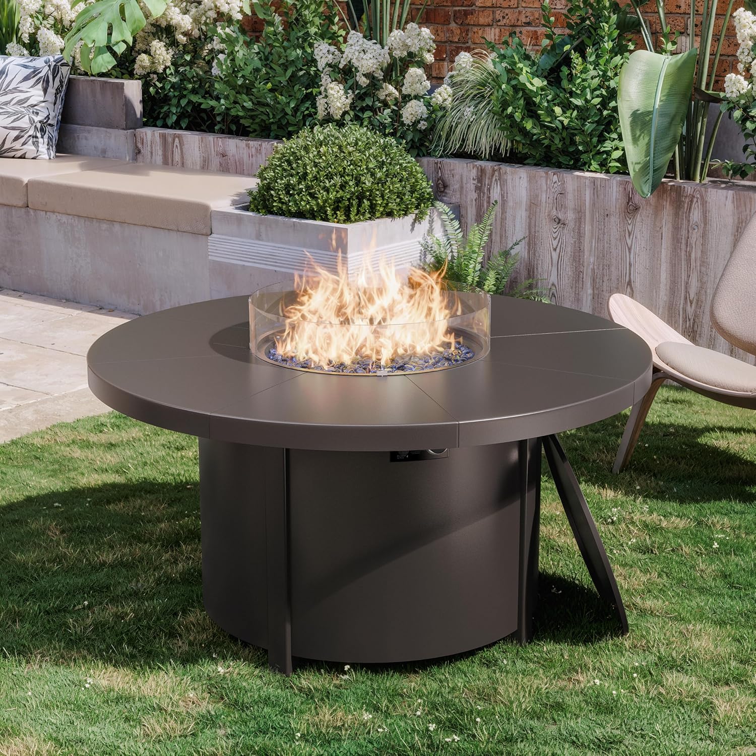 ALAULM Round Gas Fire Pit Table 48in, 40000 BTU Outdoor Propane Fire Pit with Round Metal Tabletop, Adjustable Flame,Windshield & CSA Certification for Outside Patio and Garden