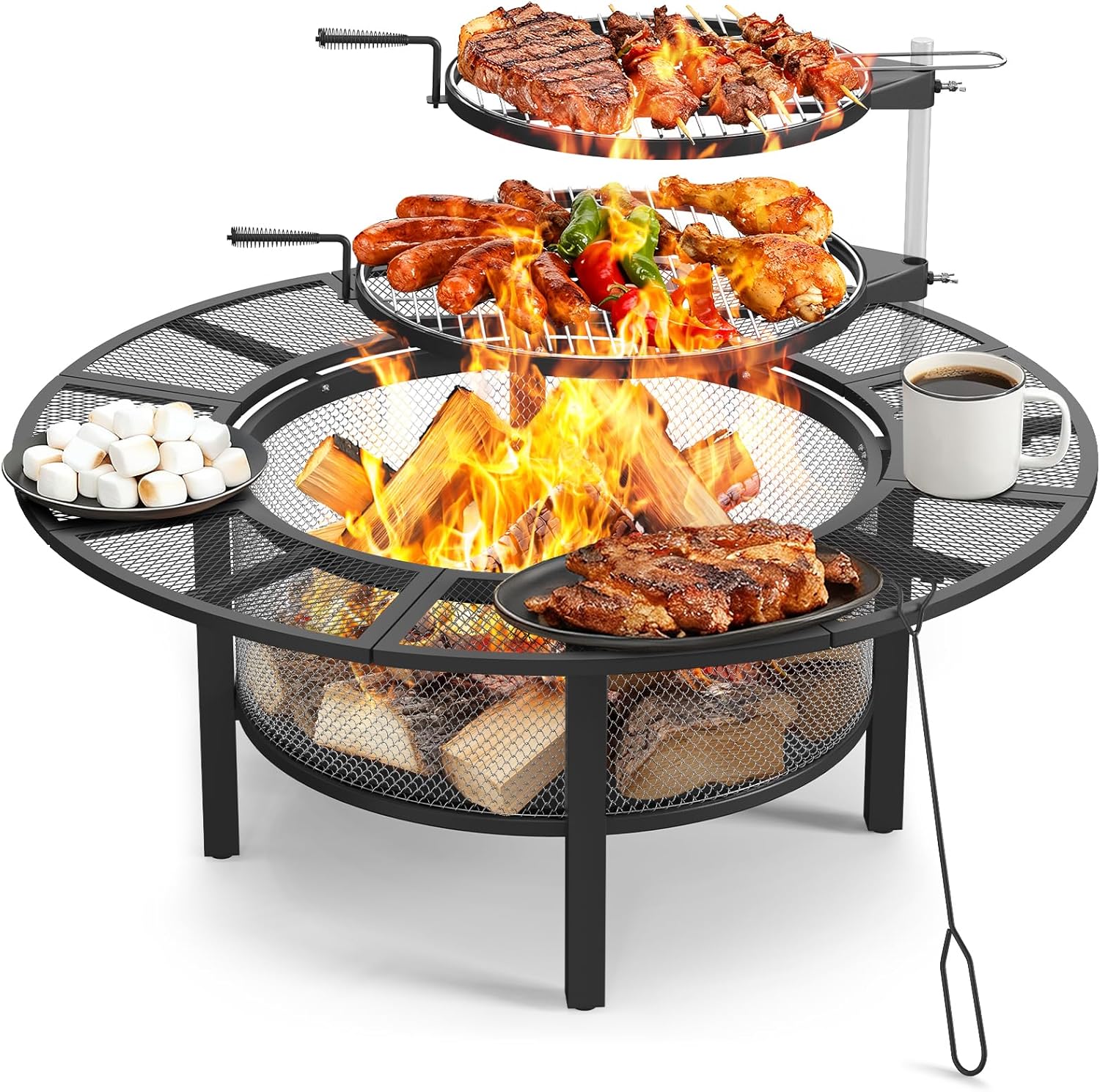 ONBRILL 2-in-1 47 Inch Fire Pit with 2 Swivel Cooking Grills, Outdoor Wood Burning Firepit with Poker for BBQ, Bonfire, Picnic, Party, Round Metal Fire Pit for Outside, Backyard, Patio