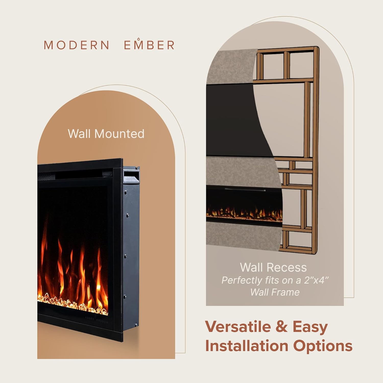 Modern Ember Aerus Slim 36 Inch Smart Linear Electric Fireplace | Recessed in-Wall or Wall-Mount | LED Multiple Flame Colors | Alexa/WiFi Enabled | 4.25” Profile | Remote Included