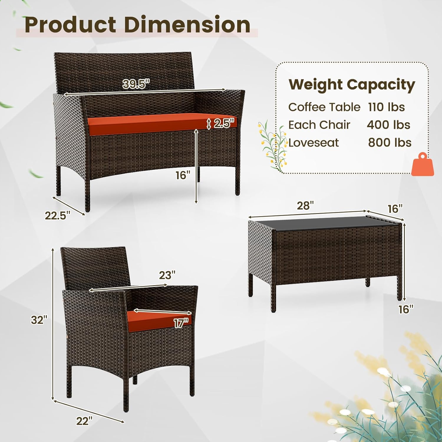 DORTALA 4-Piece Rattan Patio Furniture Set, Outdoor Table & Chair Set with Tempered Glass Coffee Table, Cushion, Wicker Conversation Set for Garden, Lawn, Poolside and Backyard, Orange