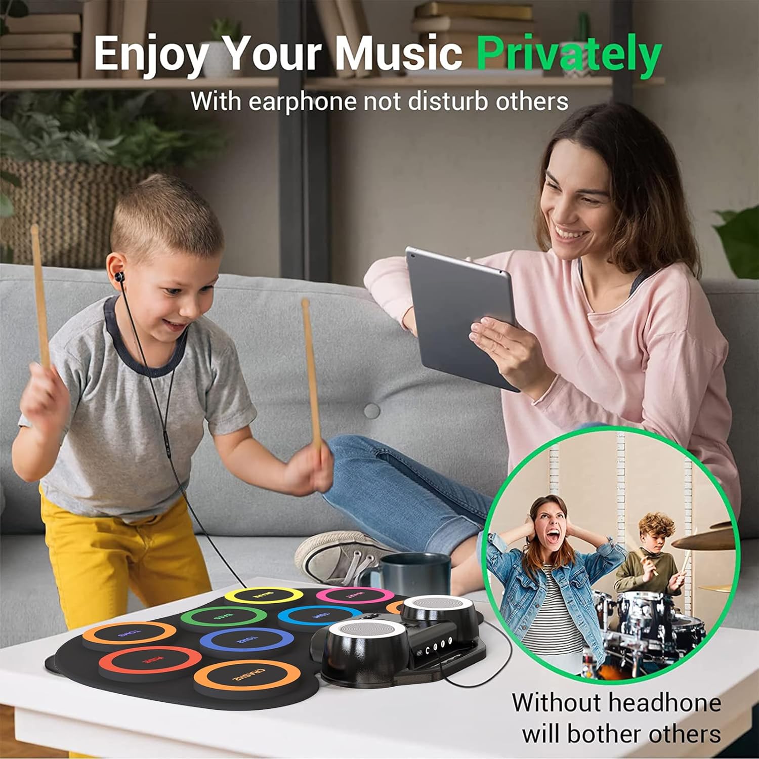 ROCKSOCKI Electronic Drum Set 9Pads with LED Lights, Bluetooth Portable Electronic Drum Kit, Roll-Up Practice Drum Pad, Built-in Dual Speakers, Headphone, Holiday Birthday Gift for Kids