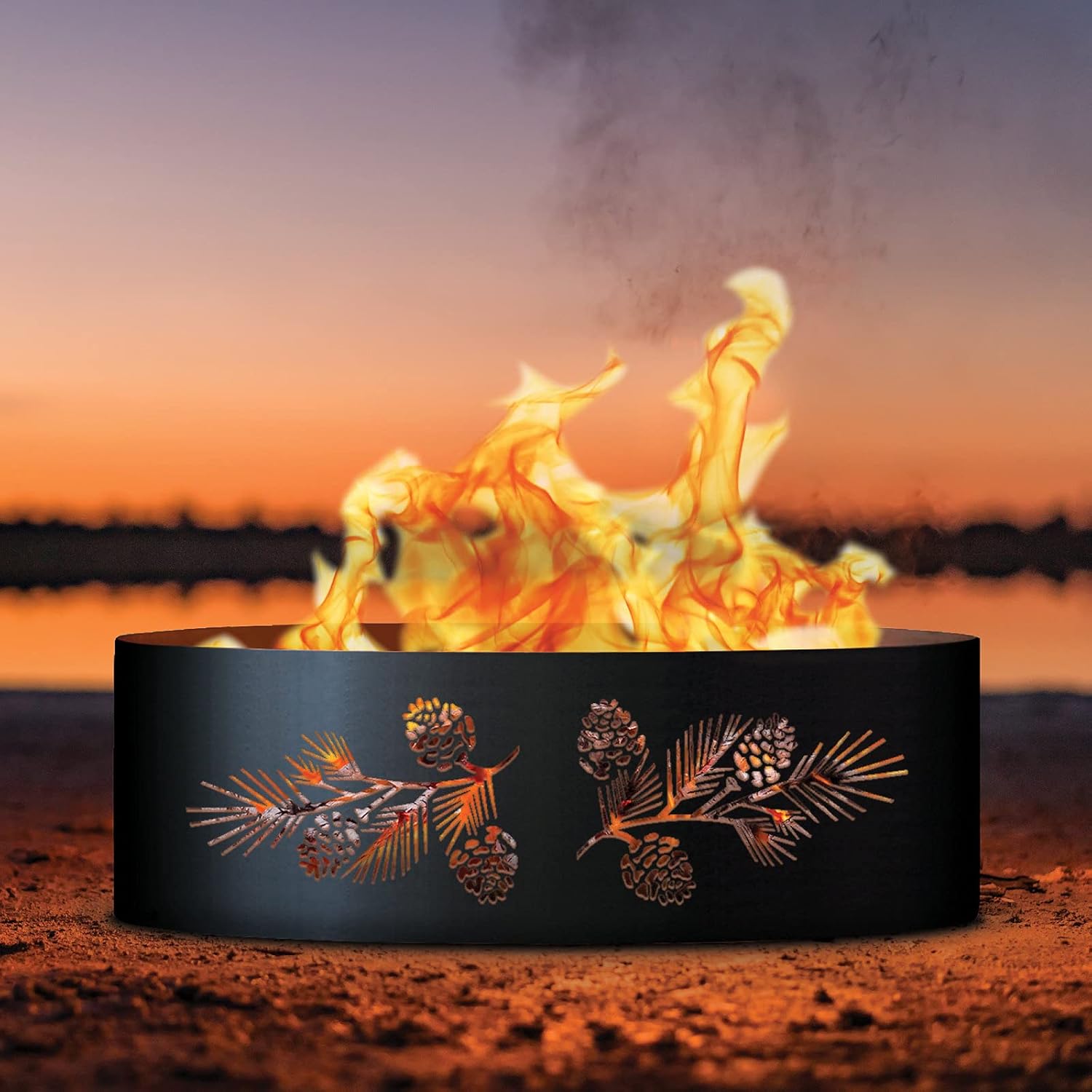 PD Metals PB0937-FP Pine Bough Unpainted 12 in. Tall 37 in. Diameter Outdoor Fire Ring with Fire Poker - 37 x 37 x 12 in. - Rustic Black Color