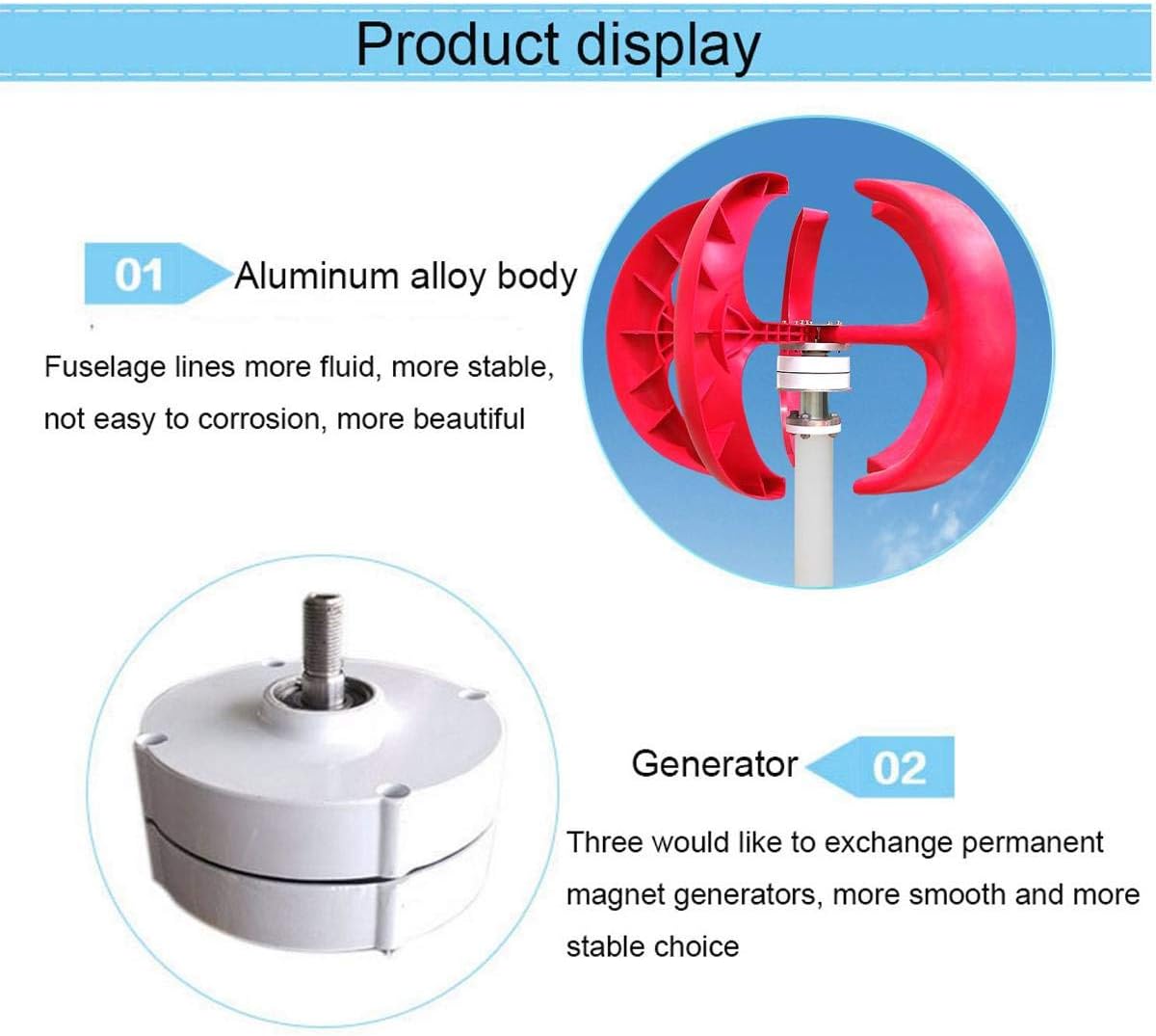 2000W 12/24V Lantern Blade Wind Turbines Generator Vertical Kit with Charge Controller Home Use Power Supply Generator,Red,24v