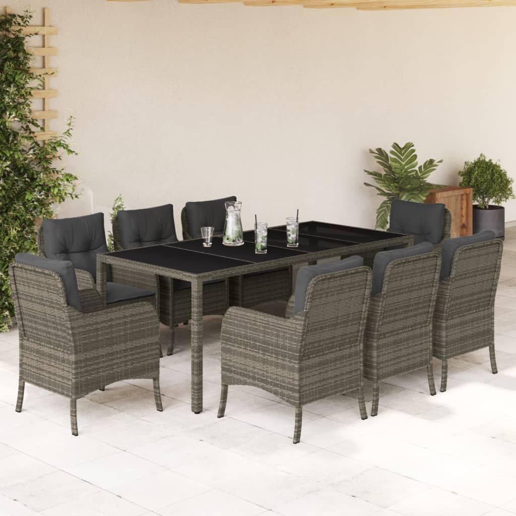 Furniture Sets 9 Piece Patio Dining Set with Cushions Gray Poly Rattan,Outdoor Dining Set with Comfortable Cushions for Patio, Garden, or Backyard Garden Conversation Sets