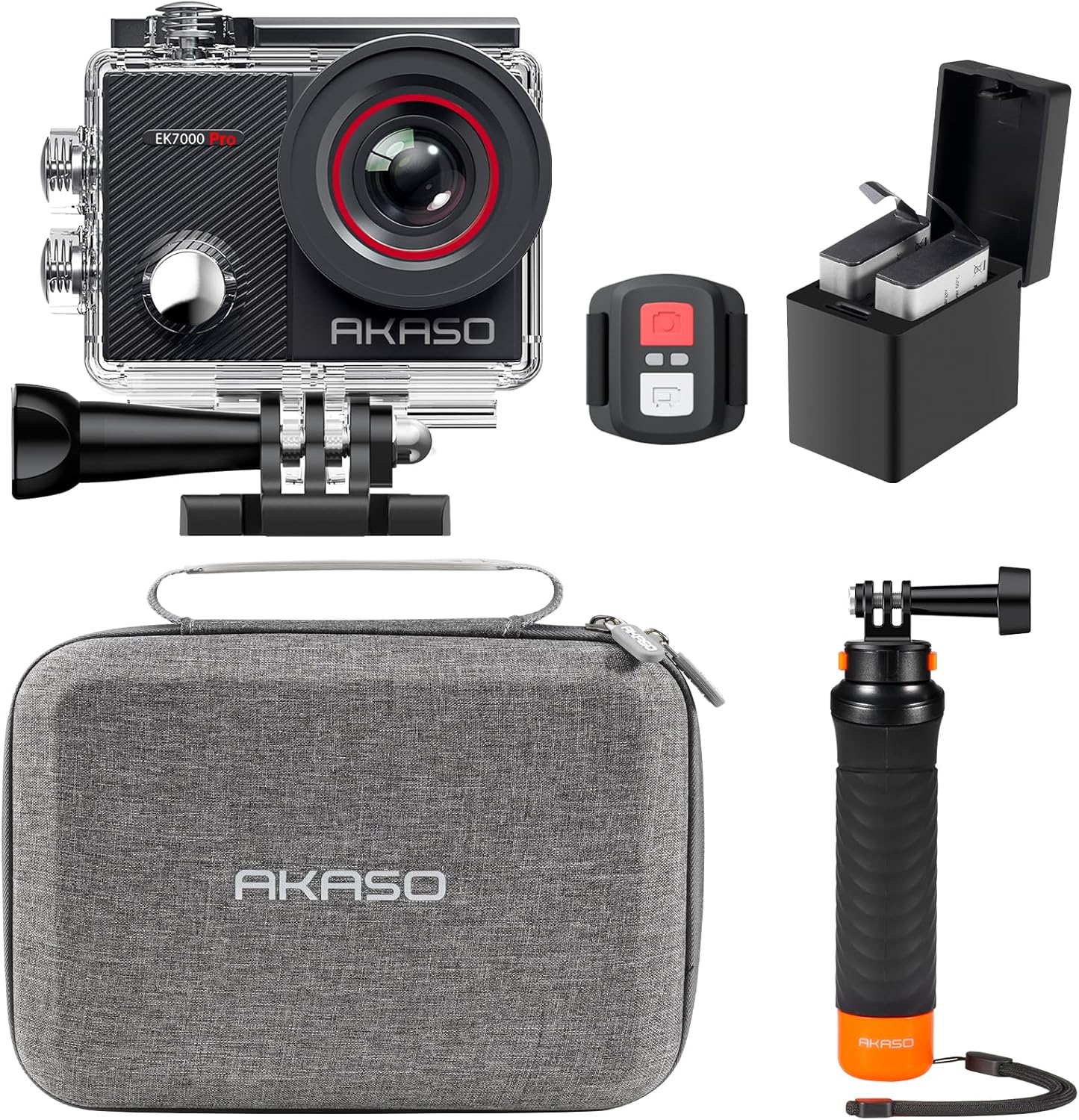 AKASO EK7000 Pro 4K30 Action Camera with Touch Screen EIS 131FT Waterproof Underwater Camera 5X Zoom Remote Control with Waterproof Floating Hand Grip Bundle and Carrying Case Accessories Kit Bundle