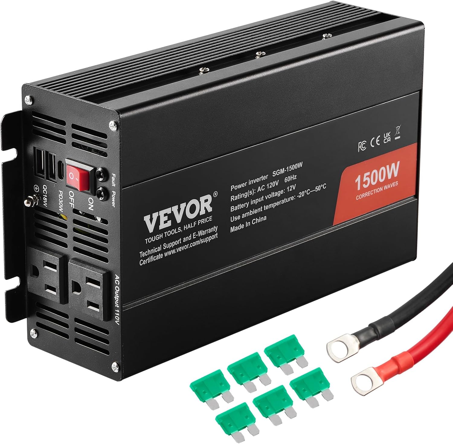 VEVOR Modified Sine Wave Inverter, 1500W Power Inverter DC 12V to AC 120V with 2 AC Outlets 2 USB Port 1 Type-C Port 6 Spare Fuses, for Small Home Devices Like Smartphone Laptop, CE FCC Certified