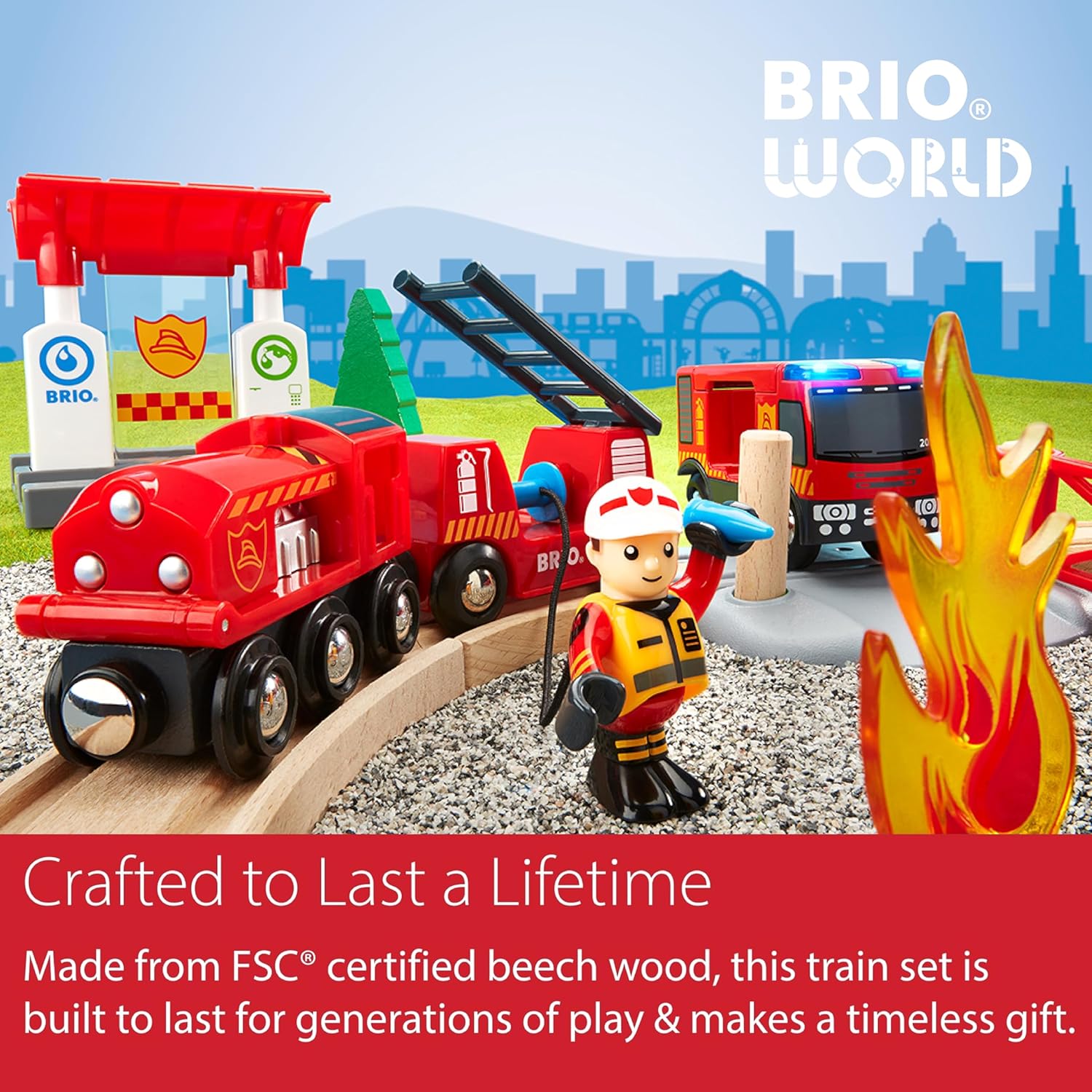 BRIO World Rescue Firefighter Set - 18-Piece FSC-Certified Wood Train Set & Accessories - Fire Train Engine with Lights and Sound, Wooden Tracks & More - Works with All Wooden Train Sets - Ages 3 & Up