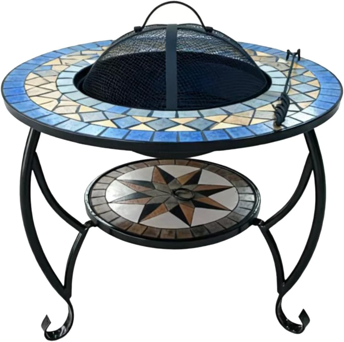 Mosaic Tile Fire Pit with Stand, Outdoor Garden Patio Heater, Blue and White Pattern, Metal Frame, Two-Tier Design (Color on The Picture)