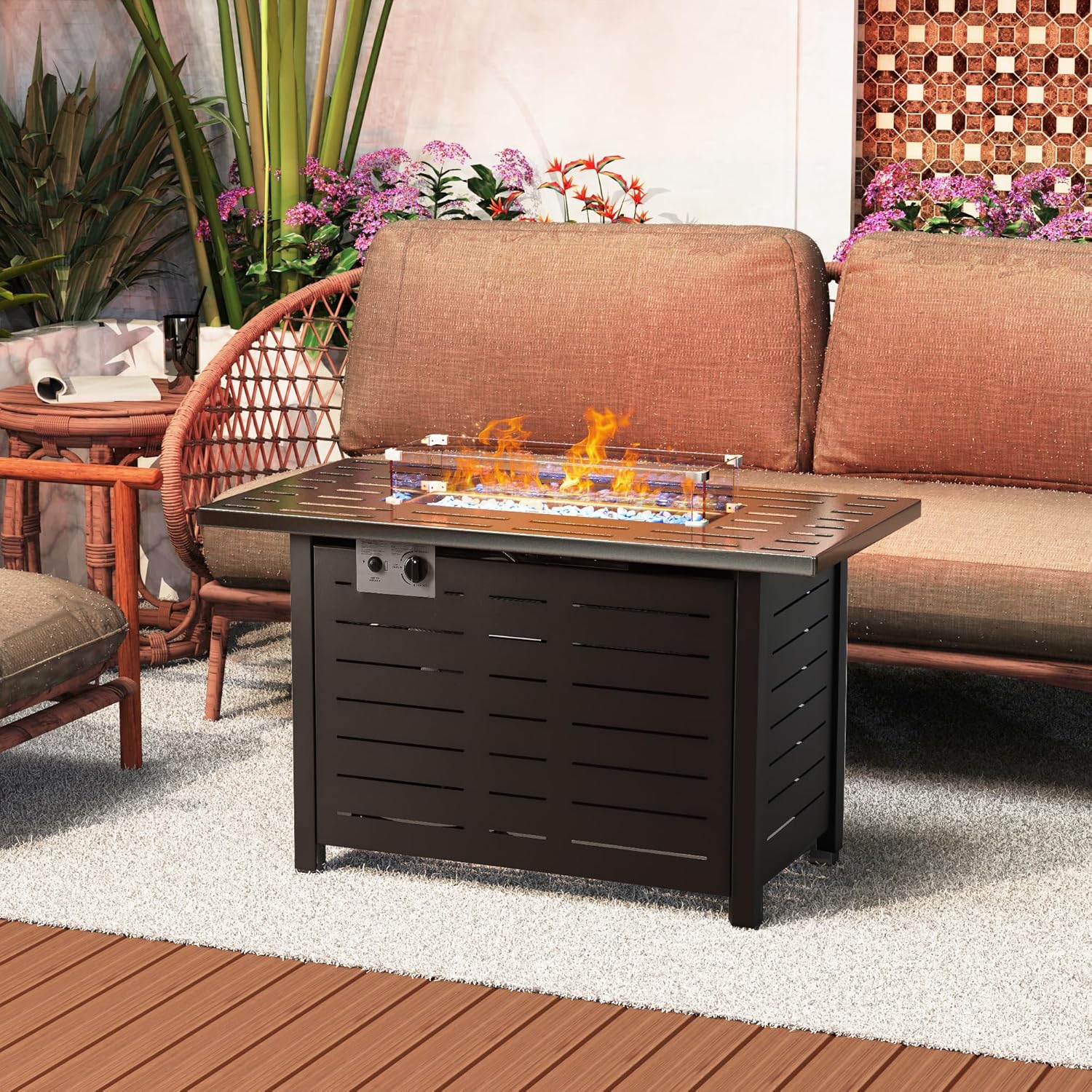 43 Inch Propane Fire Pits, Fire Pit Table, 50,000 BTU Outdoor Gas Fire Pit Included Glass Wind Guard, Steel Lid and Lava Rocks for Patio Garden, Black