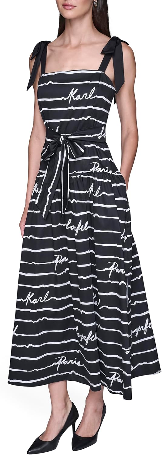 Karl Lagerfeld Women's Cotton Sateen Printed Belted Midi Dress with Bow Tie Straps