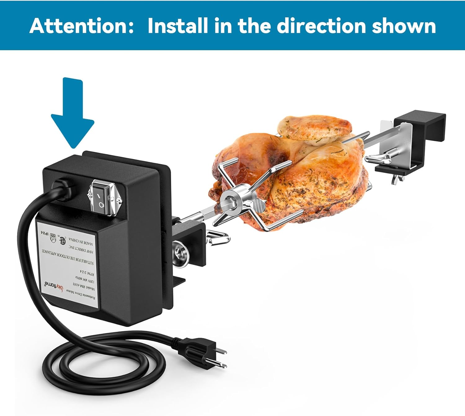 Skyflame Stainless Steel Rotisserie Kit with Heavy Duty Rotisery Motor & Accessories - Compatible with Large BGE | Kamado Joe | Pit Boss & Other Outer Diameter 21.5