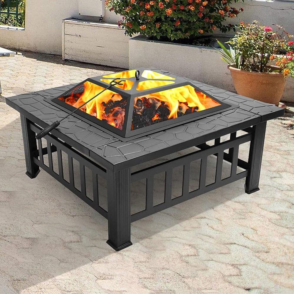 3 in 1 Square Fire Pit Table BBQ Grill, Ice Pit, Fire Pits for Garden Large, Outside Heater, Metal Brazier for Camping Barbecue