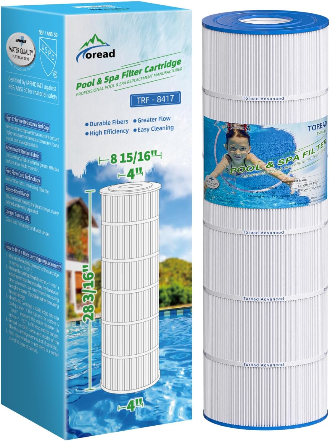 TOREAD Pool Replacement Filter for PA175, Hayward CX1750RE, C1750, Unicel C-8417, Filbur FC-1294, 25230-0175S, 817-0175P, Aladdin 27501, L x OD: 28 3/16