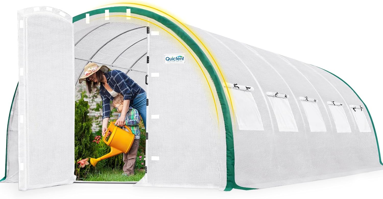 Quictent Premium Greenhouse for Outdoors with Swing Door, Large Walk-in Green House W/ Upgraded Tunnel Hoop Frame & PE Cover Outside Garden Plant Tent, 2 Doors 10 Screen Windows, 25x10x6.6 FT, White