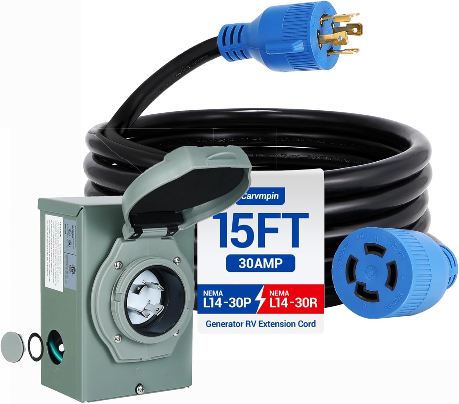 30 Amp Generator Extension Cord 15 Ft & 30 Amp Generator Inlet Box