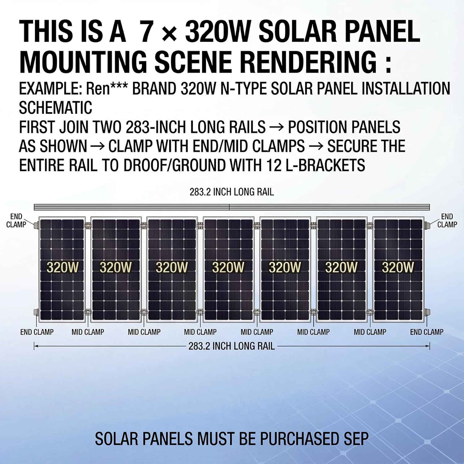 Solar Panel Mounting Brackets, Solar Panel Mounting Kit for 6 Solar Panels, with Clamps, L-Brackets, Includes 12 x 47 inches Rails, Suitable for Metal Roof, Concrete Roof, Wooden Roof, Tile Roof