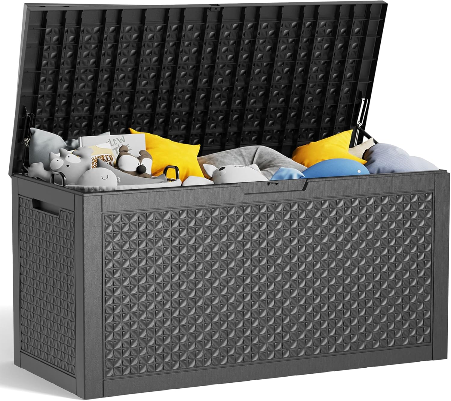 100 Gallon Waterproof Outdoor Storage Box,Resin Deck Box,Lockable Outside Storage Box Container for Patio Furniure,Garden,Pool Tools (100 Gallon,Black pattern)