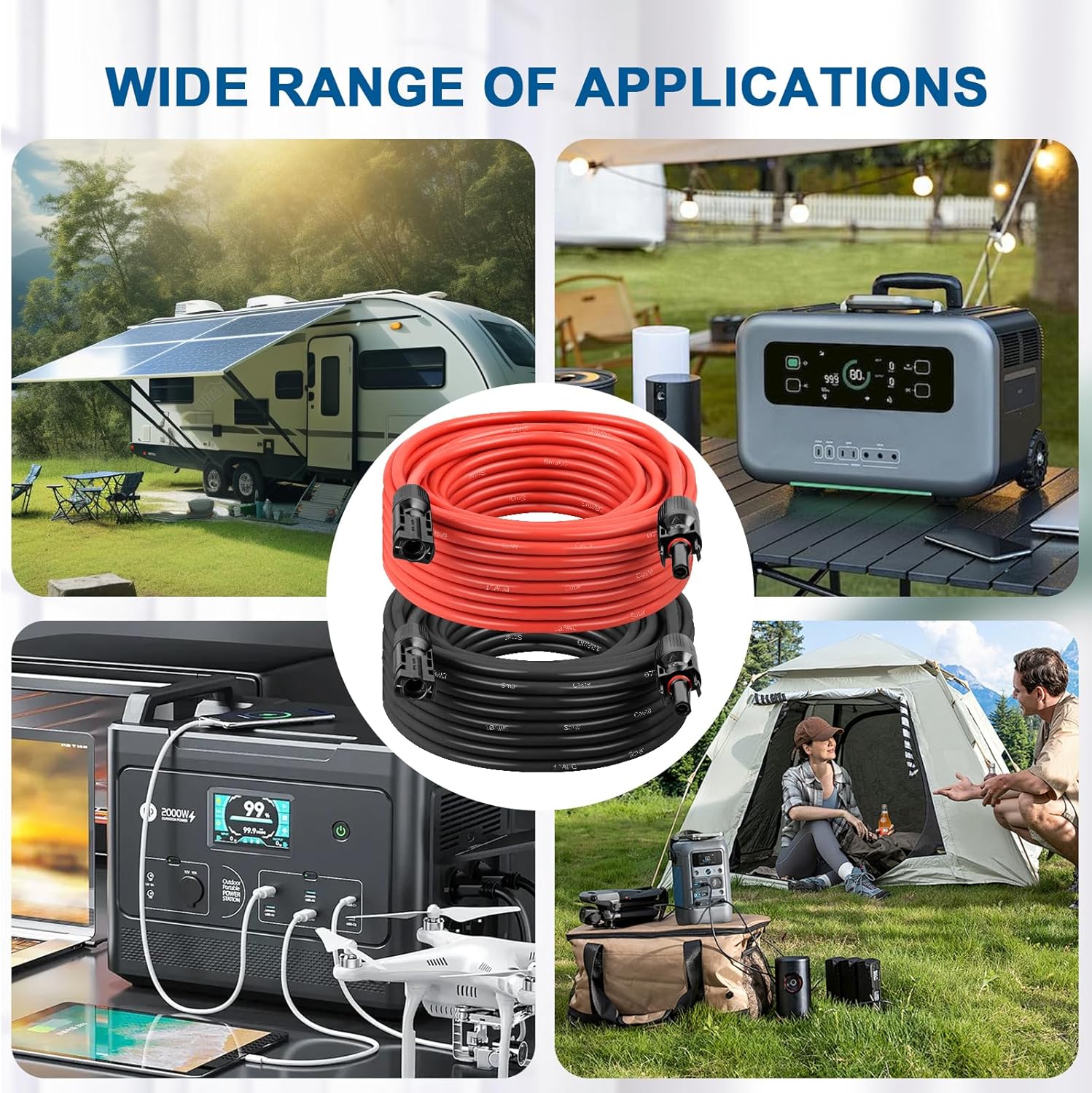 10AWG Solar Extension Cable 50FT – 2 Pack Red & Black PV Wire with Solar Connectors, 84-Strand Tinned Copper, Dual XLPE Insulated, Outdoor UV-Resistant Cable for RV, Inverter, Battery