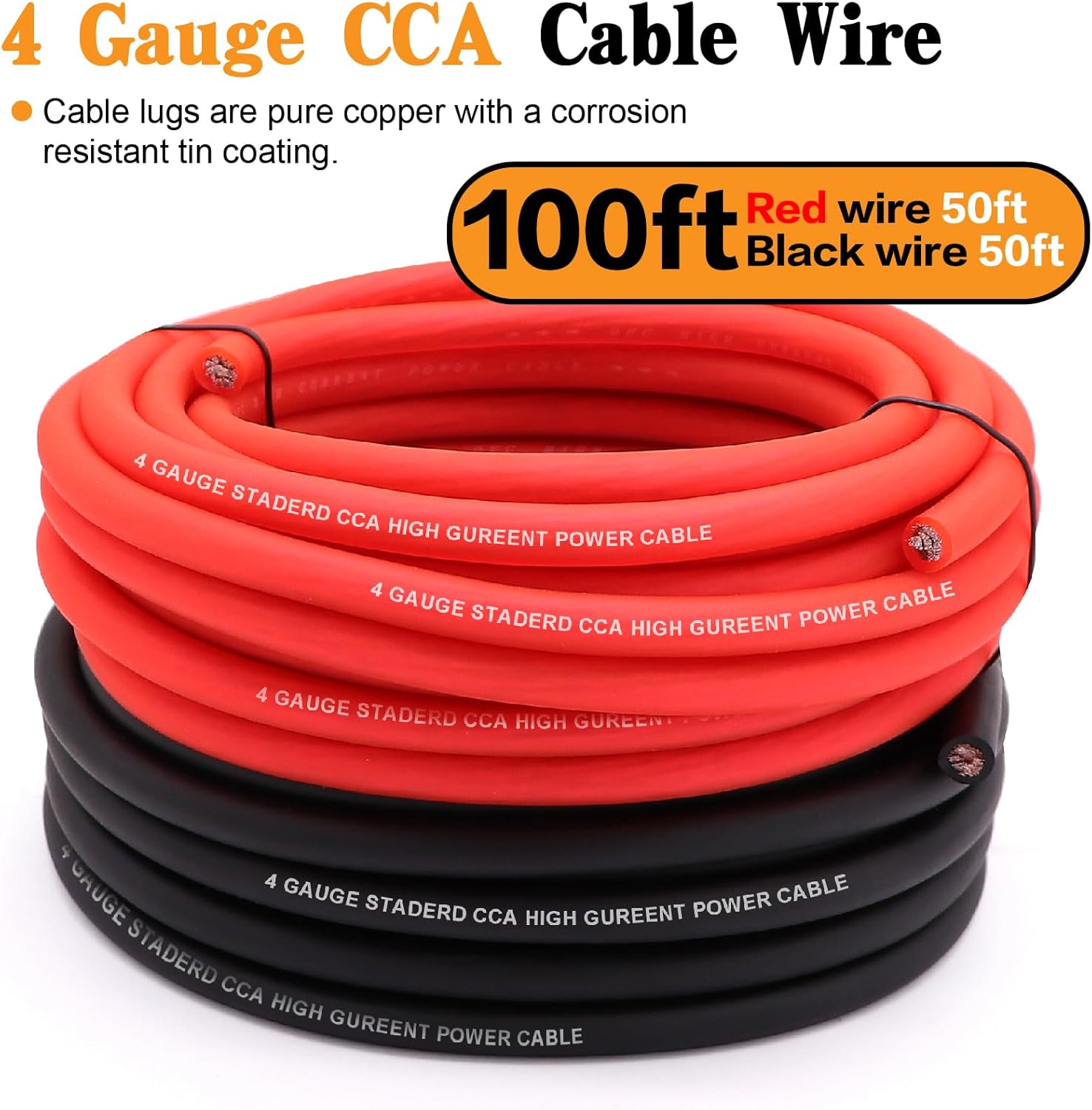 4 Gauge Wire Copper Clad Aluminum CCA 100FT Black/Red with 4ga lugs and Heat Shrink Tube - Battery Power/Ground Cable,Car Audio Speaker,RV Trailer Amp Wiring kit