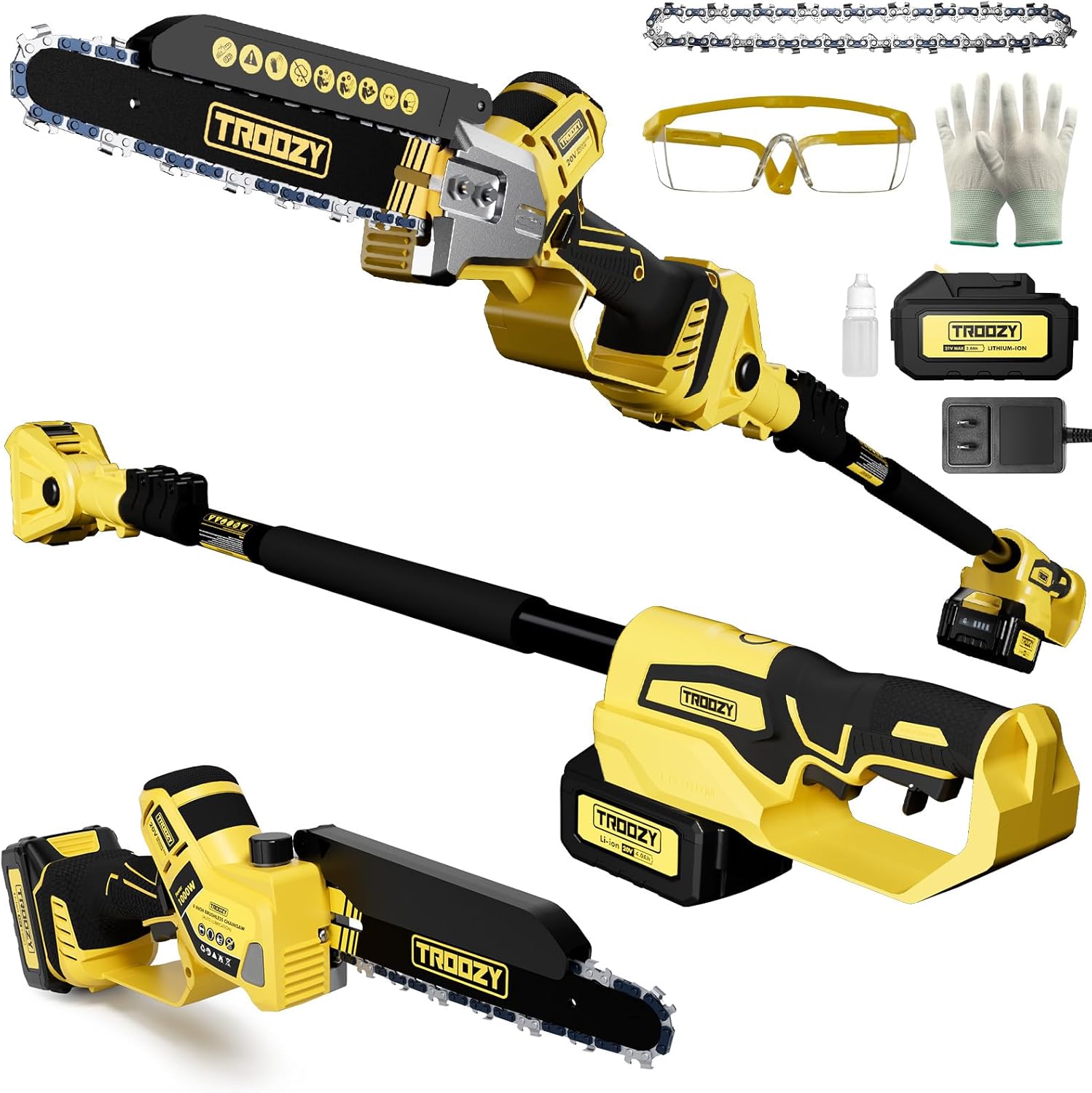 Cordless Pole Saw, 8-INCH 2-IN-1 Chainsaw with 21V 4.0Ah Battery Powered, Electric Tree Trimmer with 9FT Telescopic Pole, 180°Angle for Tree Branches Pruning & Wood Cutting, Battery Included