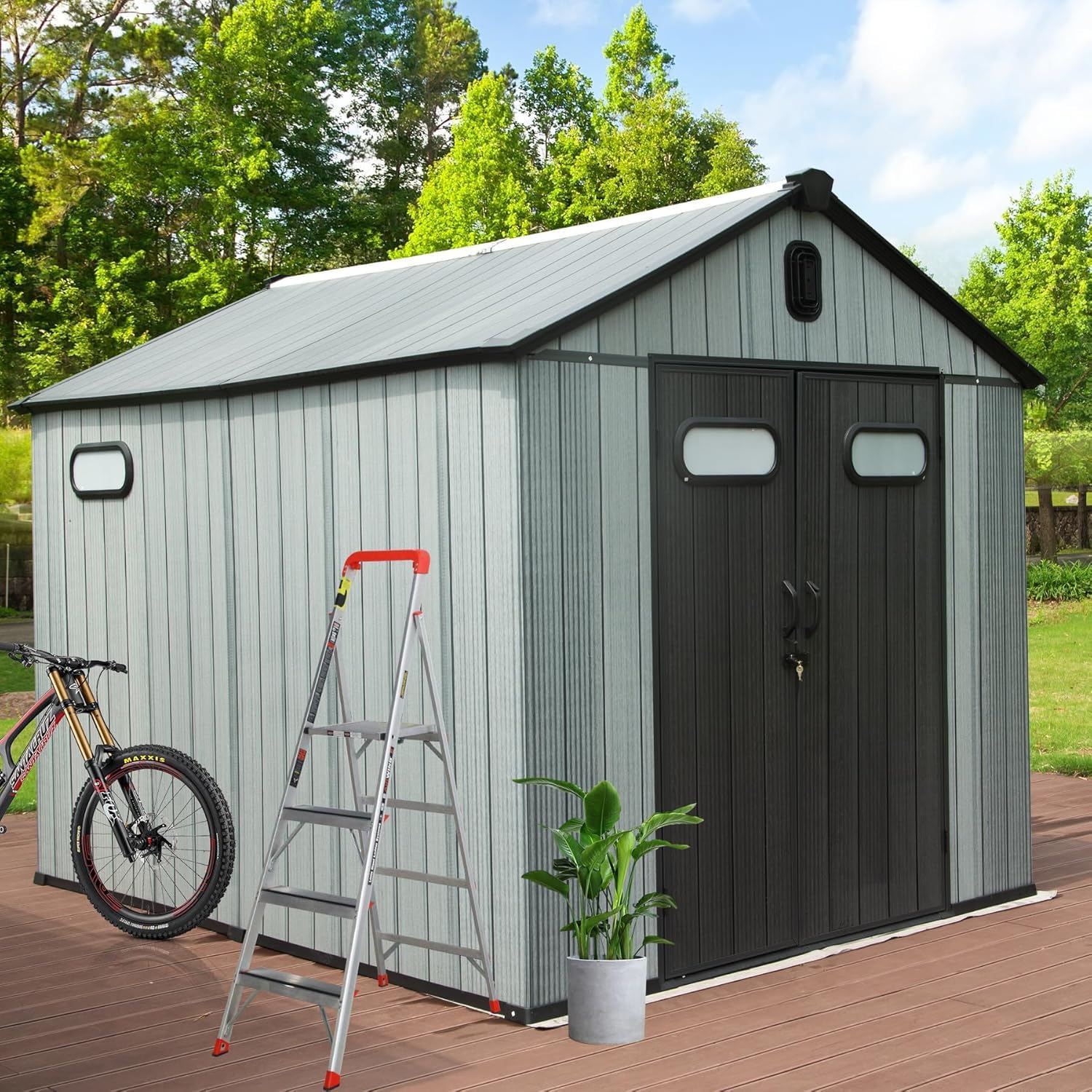 8 x 12 FT Outdoor Storage Shed Heavy-Duty Waterproof Resin Garden Shed with Lockable Door, Windows & Vents, Outside Plastic Tool Sheds for Patio Furniture, Lawn Mower, Bike