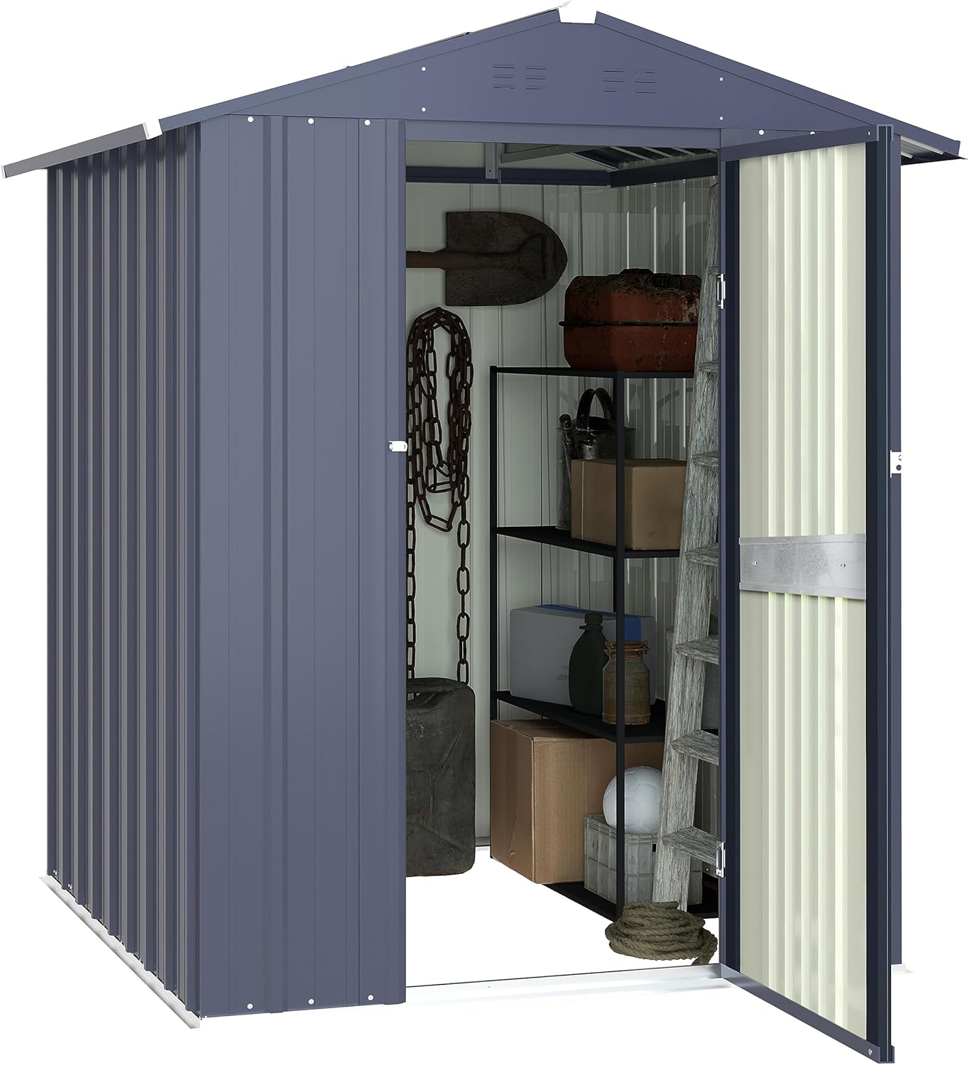 MUPATER 4 x 4 FT Outdoor Storage Shed, Galvanized Metal Garden Tool Shed, Patio Furniture Storage House with Double Slooping Roof, Lockable Door and Vents for Backyard and Lawn, Grey